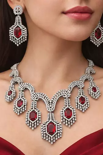 Ruby Red Crystal Bridal Necklace Set Silver Toned Choker Earrings Prom Indian Jewelry