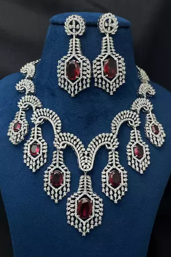 Ruby Red Crystal Bridal Necklace Set Silver Toned Choker Earrings Prom Indian Jewelry
