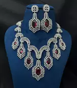 Ruby Red Crystal Bridal Necklace Set Silver Toned Choker Earrings Prom Indian Jewelry