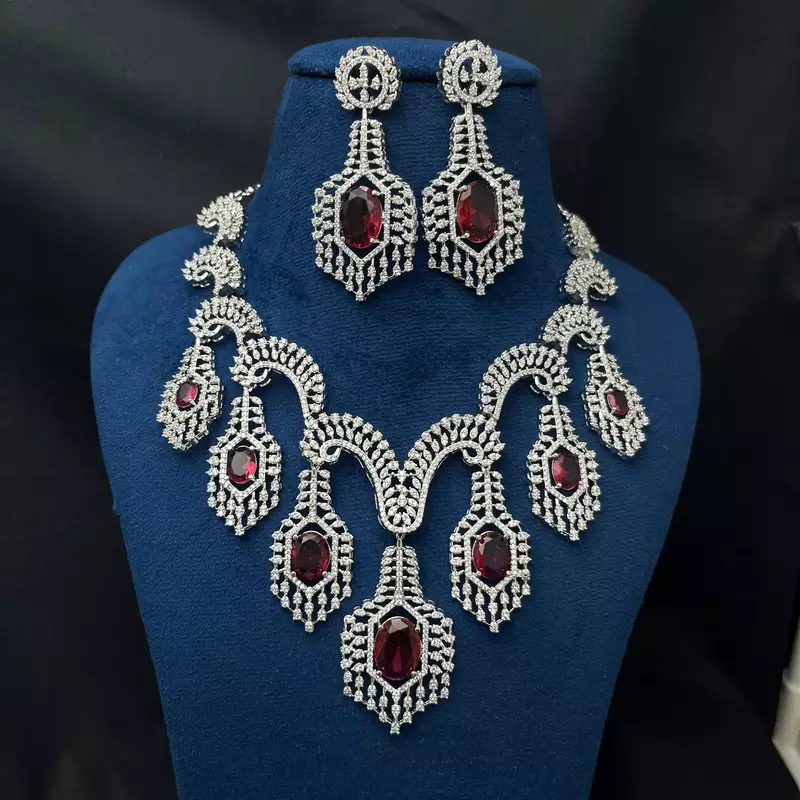 Ruby Red Crystal Bridal Necklace Set Silver Toned Choker Earrings Prom Indian Jewelry