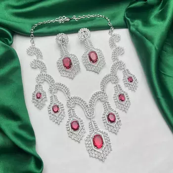 Ruby Red Crystal Bridal Necklace Set Silver Toned Choker Earrings Prom Indian Jewelry 3
