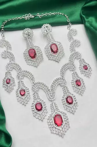 Ruby Red Crystal Bridal Necklace Set Silver Toned Choker Earrings Prom Indian Jewelry