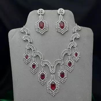 Ruby Red Crystal Bridal Necklace Set Silver Toned Choker Earrings Prom Indian Jewelry 4