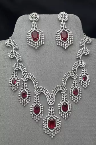 Ruby Red Crystal Bridal Necklace Set Silver Toned Choker Earrings Prom Indian Jewelry
