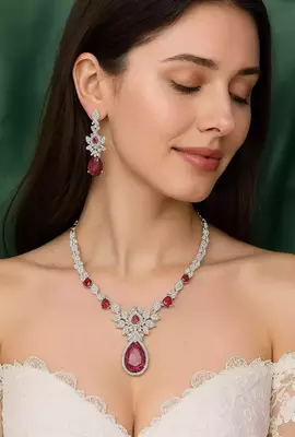 Bridal Ruby Red Necklace and Earring Set CZ Diamond Choker 1