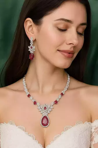 Bridal Ruby Red Necklace and Earring Set CZ Diamond Choker