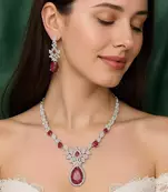 Bridal Ruby Red Necklace and Earring Set CZ Diamond Choker