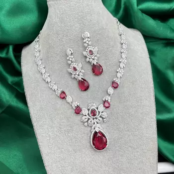 Bridal Ruby Red Necklace and Earring Set CZ Diamond Choker 2