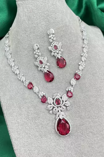 Bridal Ruby Red Necklace and Earring Set CZ Diamond Choker
