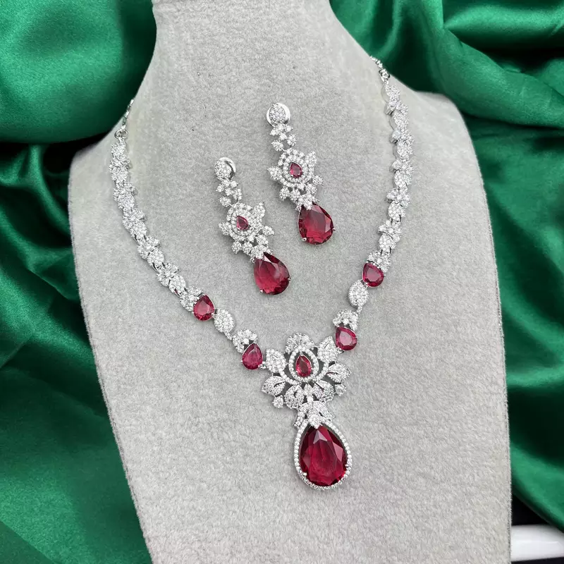 Bridal Ruby Red Necklace and Earring Set CZ Diamond Choker