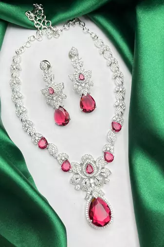 Bridal Ruby Red Necklace and Earring Set CZ Diamond Choker