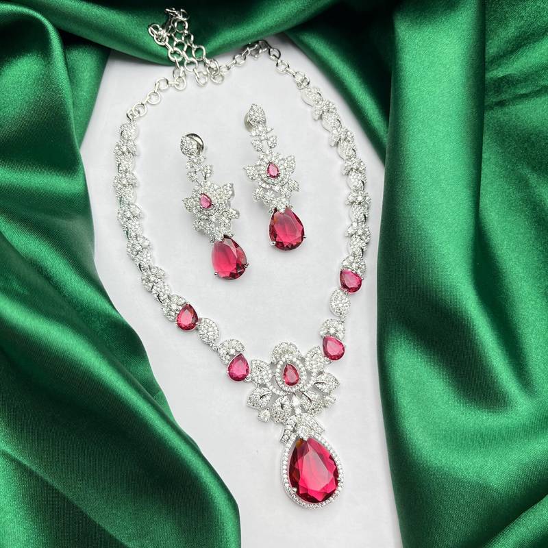 Bridal Ruby Red Necklace and Earring Set CZ Diamond Choker