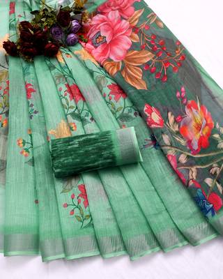 green printed pure cotton green saree with blouse 6