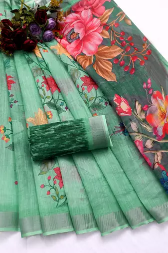 green printed pure cotton green saree with blouse