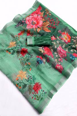 green printed pure cotton green saree with blouse 7