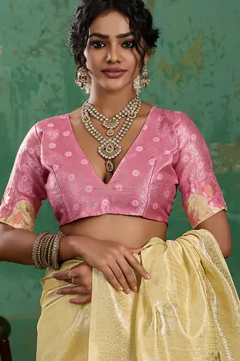 yellow  soft linen cotton saree with  blouse