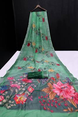 green printed pure cotton green saree with blouse 8