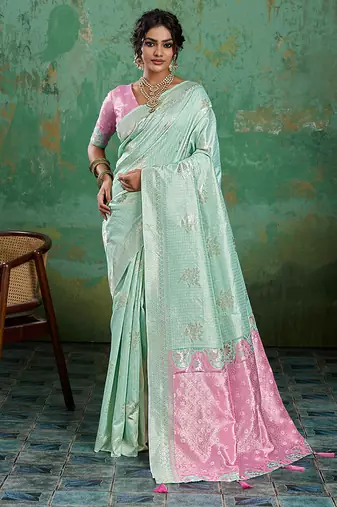 green  soft linen cotton saree with  blouse