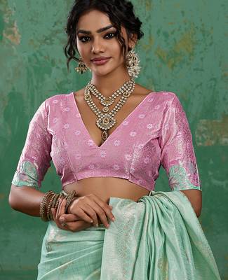green soft linen cotton saree with blouse 3