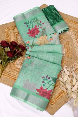 green printed pure cotton green saree with blouse 9