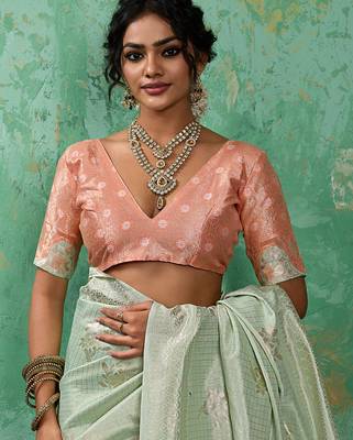 green soft linen cotton saree with blouse 3
