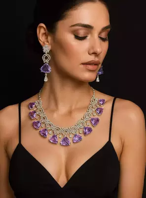 Amethyst CZ Bridal Jewelry Set Silver Wedding Necklace & Earrings 1
