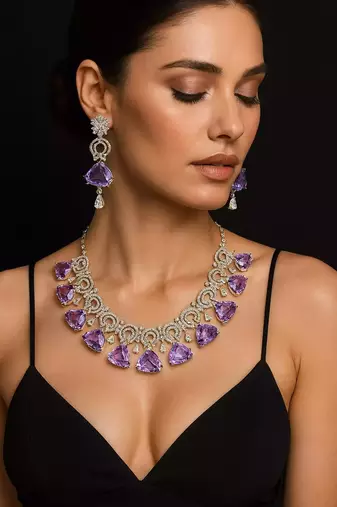 Amethyst CZ Bridal Jewelry Set Silver Wedding Necklace & Earrings