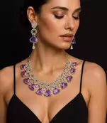 Amethyst CZ Bridal Jewelry Set Silver Wedding Necklace & Earrings