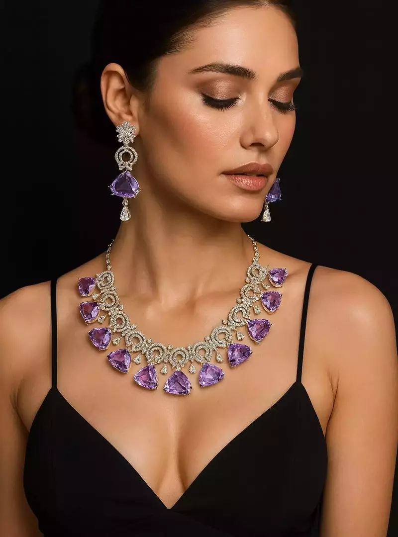 Amethyst CZ Bridal Jewelry Set Silver Wedding Necklace & Earrings