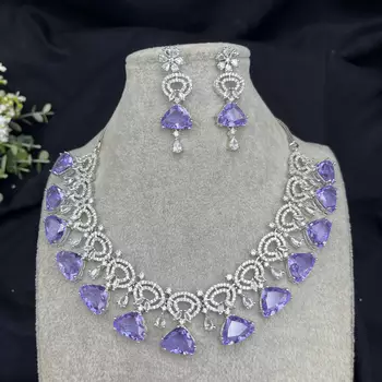 Amethyst CZ Bridal Jewelry Set Silver Wedding Necklace & Earrings 2
