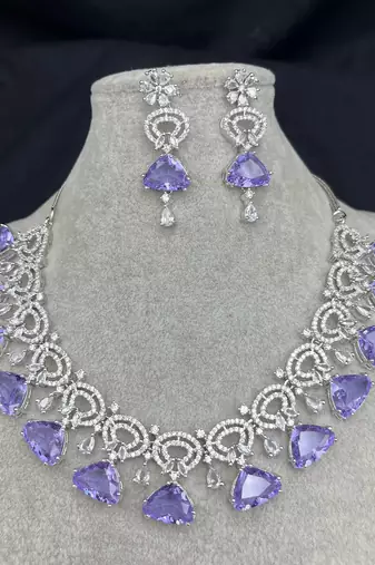 Amethyst CZ Bridal Jewelry Set Silver Wedding Necklace & Earrings