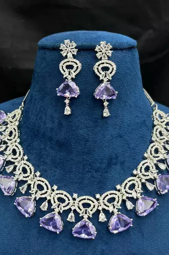 Amethyst CZ Bridal Jewelry Set Silver Wedding Necklace & Earrings