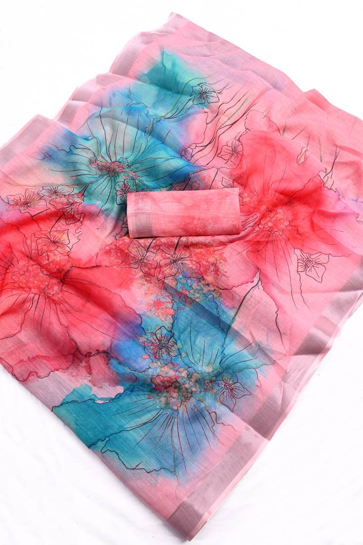 multicolor printed pure cotton multicolor saree with blouse