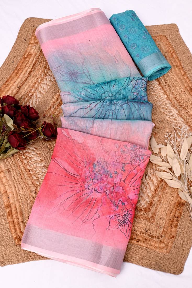 multicolor printed pure cotton multicolor saree with blouse