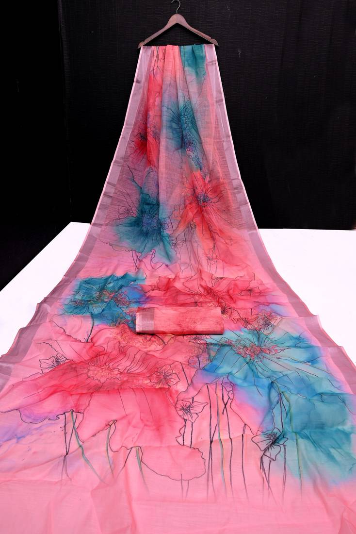 multicolor printed pure cotton multicolor saree with blouse