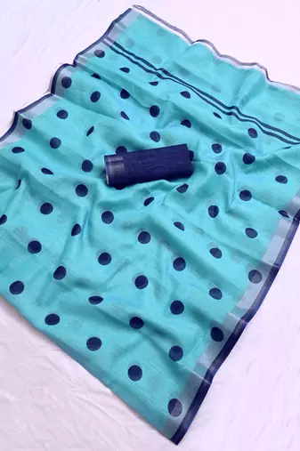sky_blue printed pure cotton sky blue saree with blouse