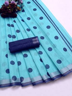 sky_blue printed pure cotton sky blue saree with blouse 6