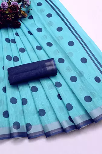 sky_blue printed pure cotton sky blue saree with blouse