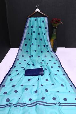 sky_blue printed pure cotton sky blue saree with blouse 7