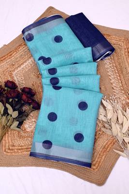 sky_blue printed pure cotton sky blue saree with blouse 8