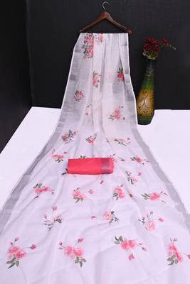 white printed pure cotton white saree with blouse 4