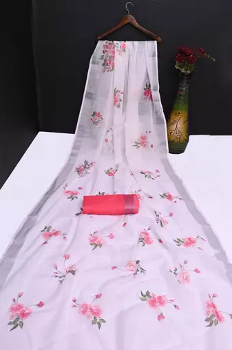 white printed pure cotton white saree with blouse