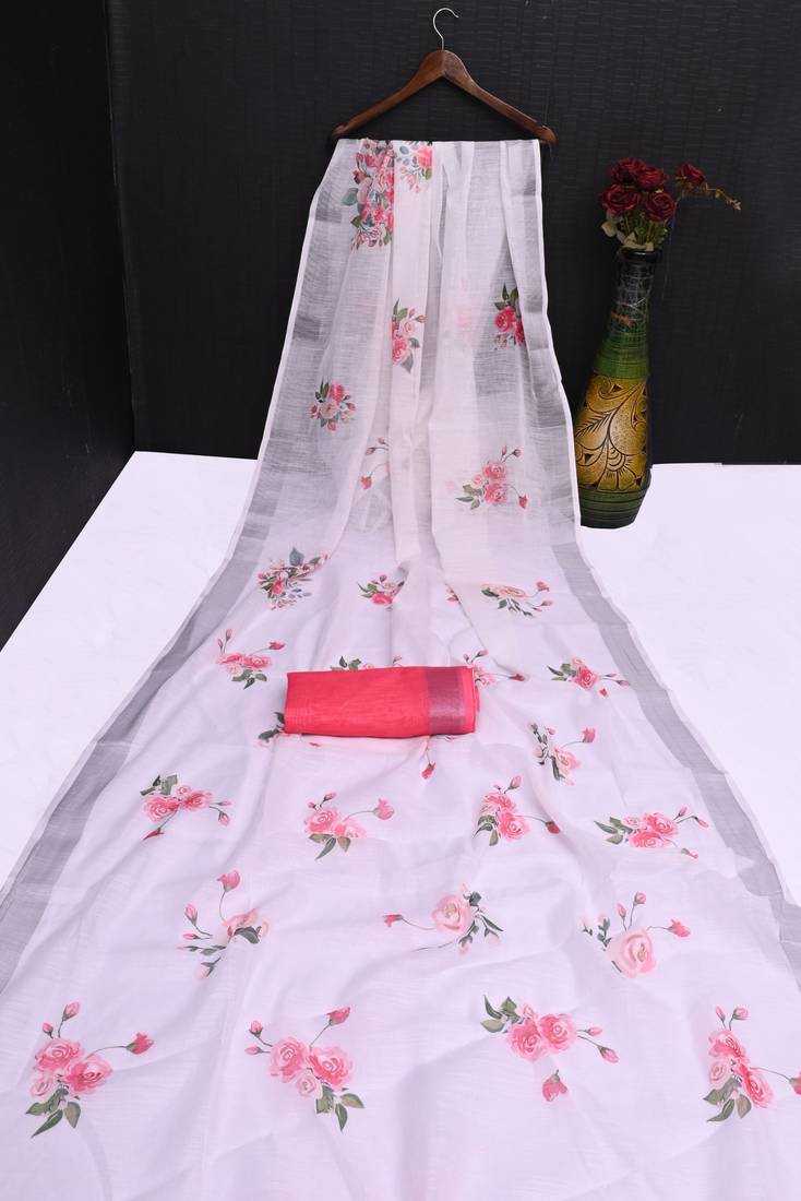 white printed pure cotton white saree with blouse