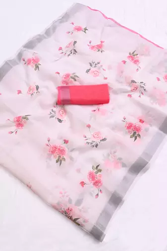white printed pure cotton white saree with blouse