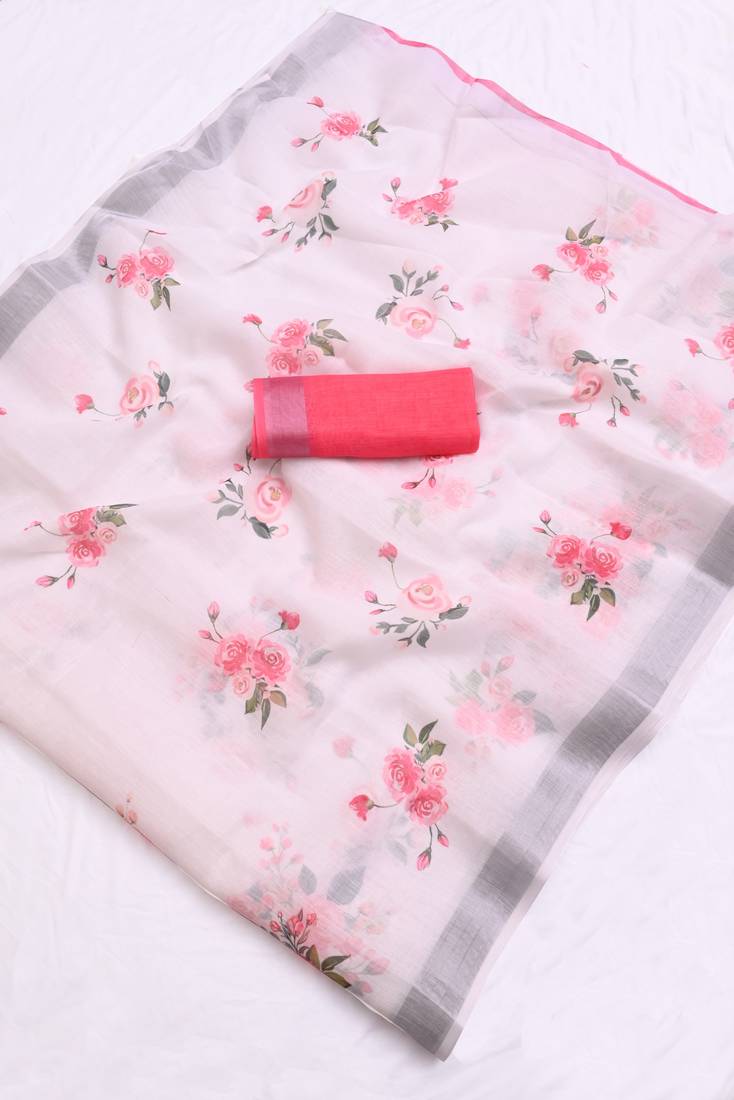 white printed pure cotton white saree with blouse