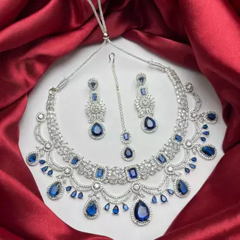 Blue Stone Indian Bridal Jewelry Set: Silver Kundan Necklace, Earrings, Maangtika 2