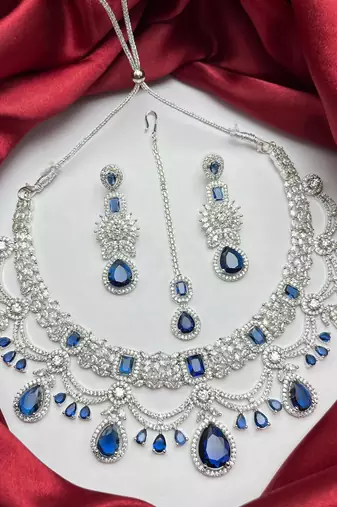 Blue Stone Indian Bridal Jewelry Set: Silver Kundan Necklace, Earrings, Maangtika