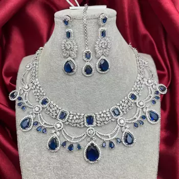Blue Stone Indian Bridal Jewelry Set: Silver Kundan Necklace, Earrings, Maangtika 1