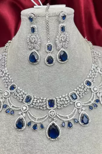 Blue Stone Indian Bridal Jewelry Set: Silver Kundan Necklace, Earrings, Maangtika