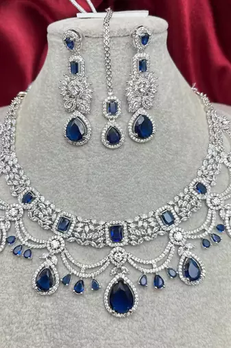 Blue Stone Indian Bridal Jewelry Set: Silver Kundan Necklace, Earrings, Maangtika